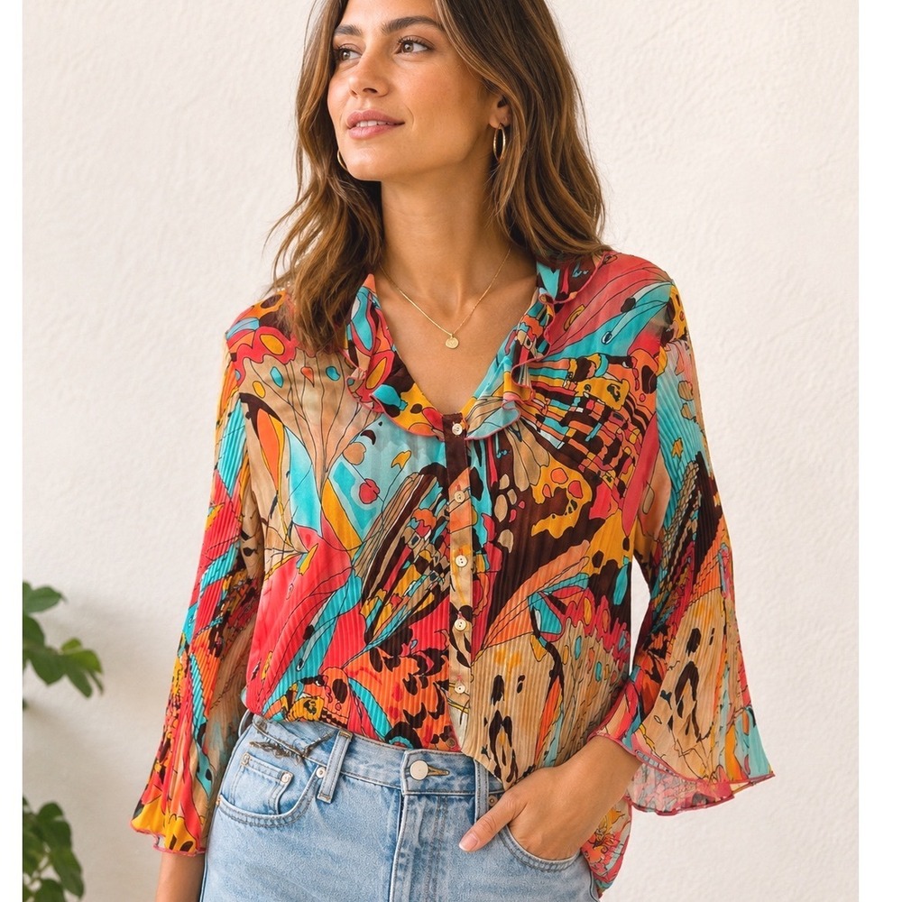 Nicola Women Butterfly‎ Print Plisse Pleated Blouse Pink Blue Y2K Bell Sleeve L